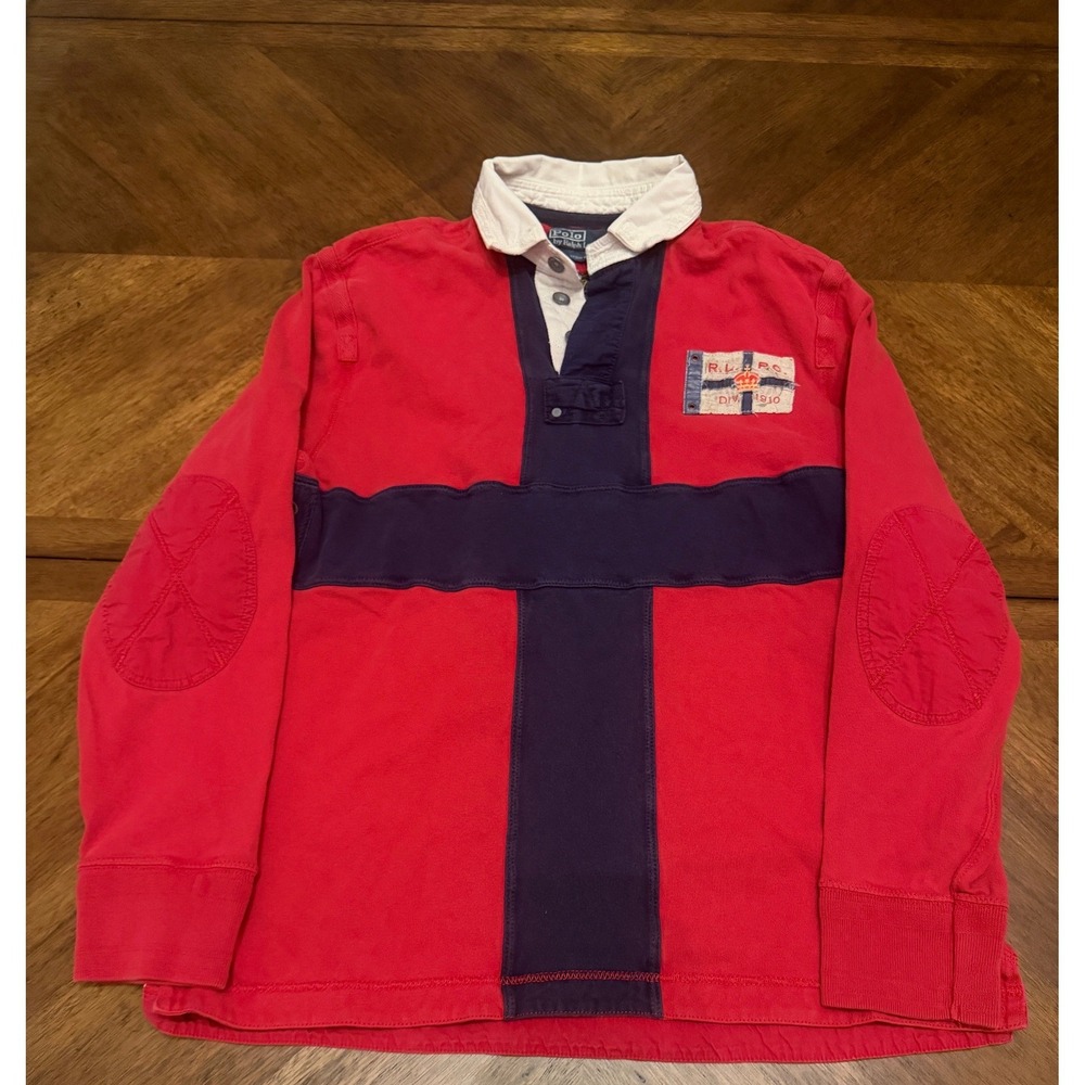Polo Ralph Lauren Mens Rugby Shirt Red Navy Blue Cross Elbow Patches RLPC 1910